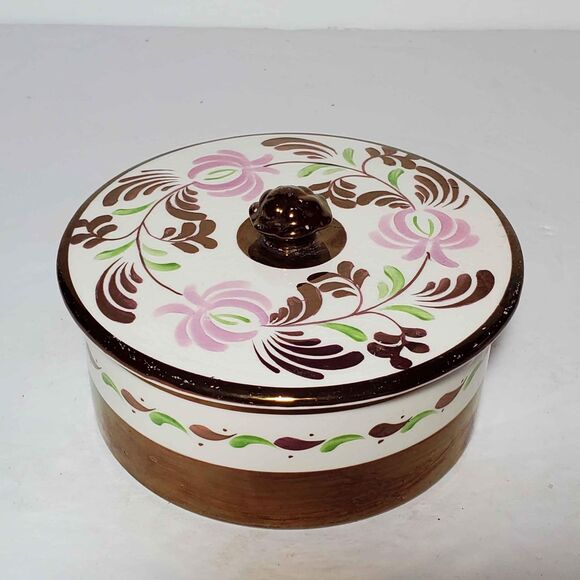 Gray's Pottery Trinket Box Pink Flowers Vintage - Picture 1 of 10